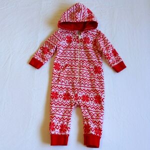 NEW hudson baby red fair isle print fleece zipper jumpsuit with hood 6-9 months